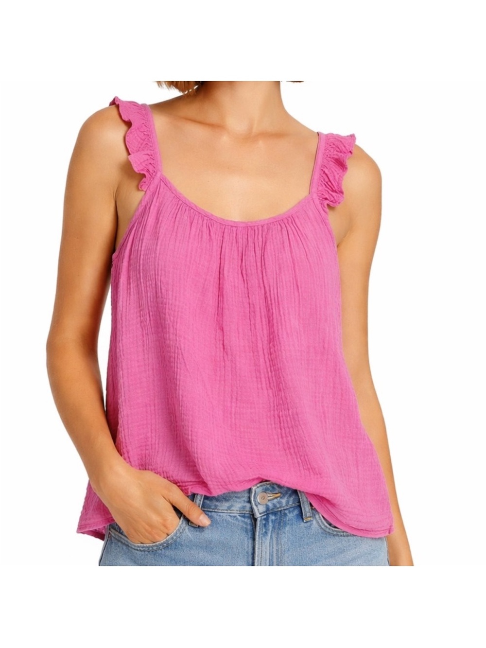 XiRENA Pink Ruffle Strap Tank Top